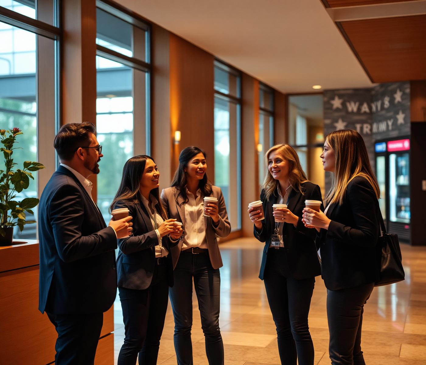 Employees on a coffee break in a corporate lobby at dusk
