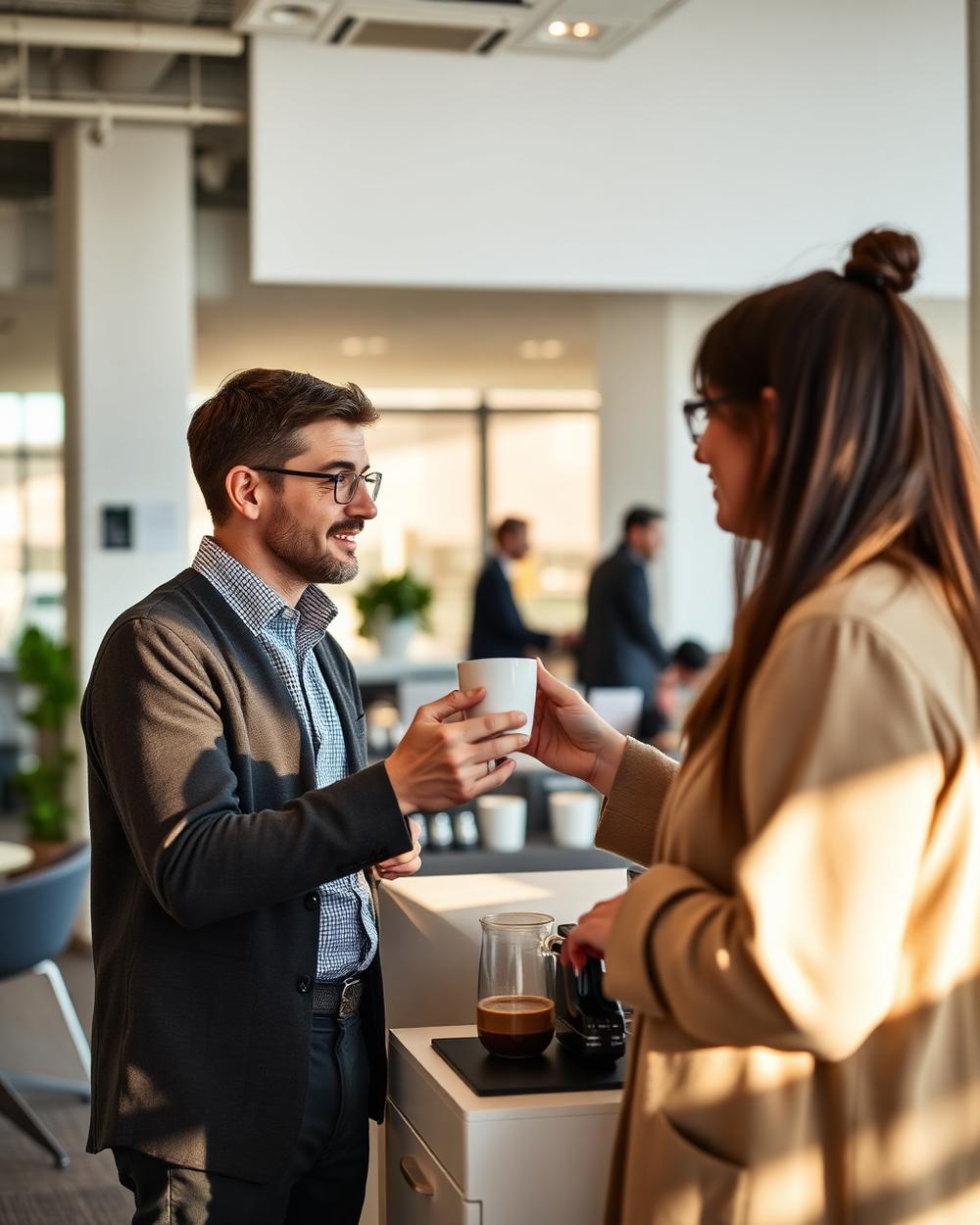 Two colleagues in conversation at an office coffee point