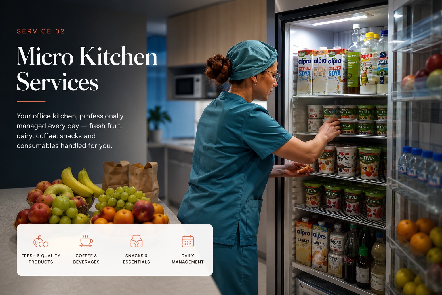 Fully stocked office kitchen with fresh fruit, dairy and beverages