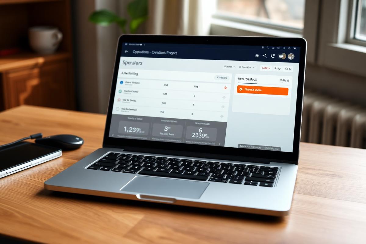 MicroOps dashboard shown on a laptop on a wood desk