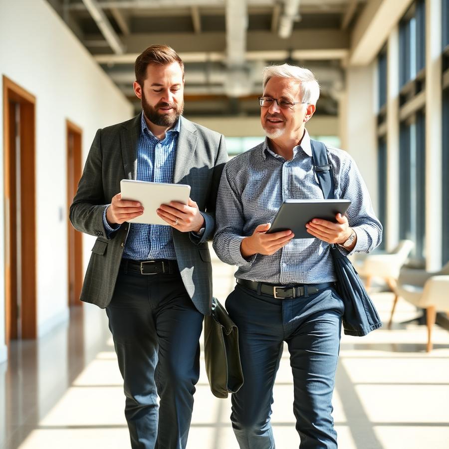 Two Chill&Bite staff walking a client site with a tablet
