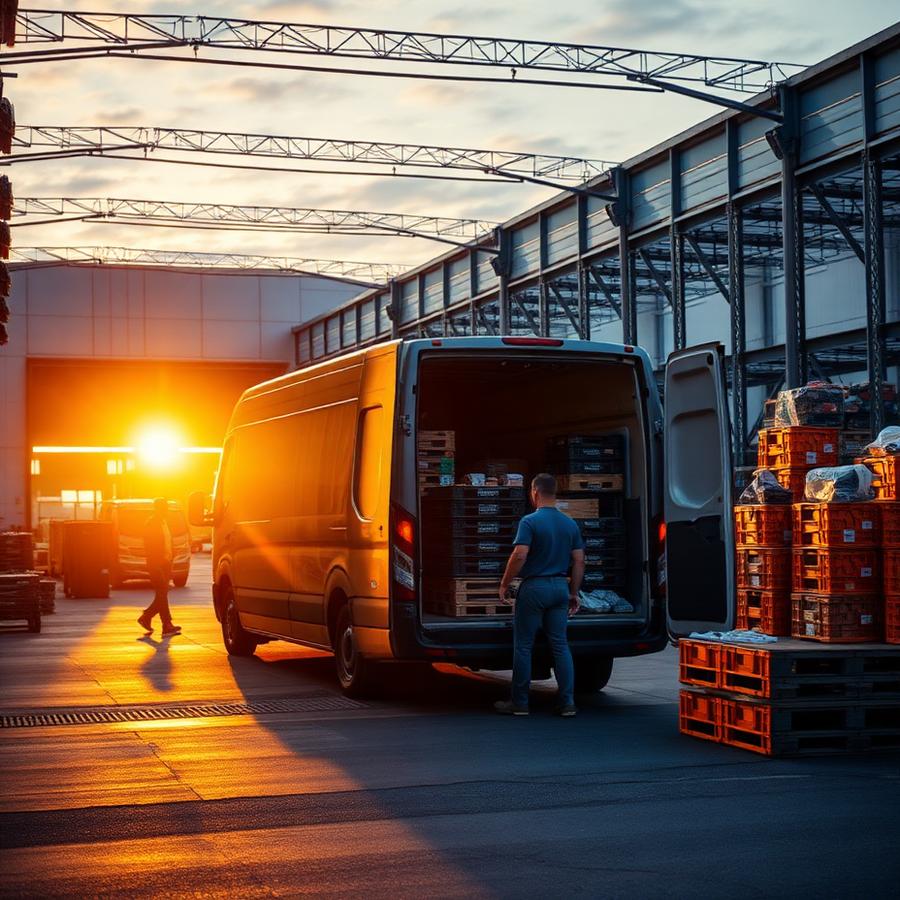 Warehouse pick-line at dawn with a Chill&Bite van being loaded