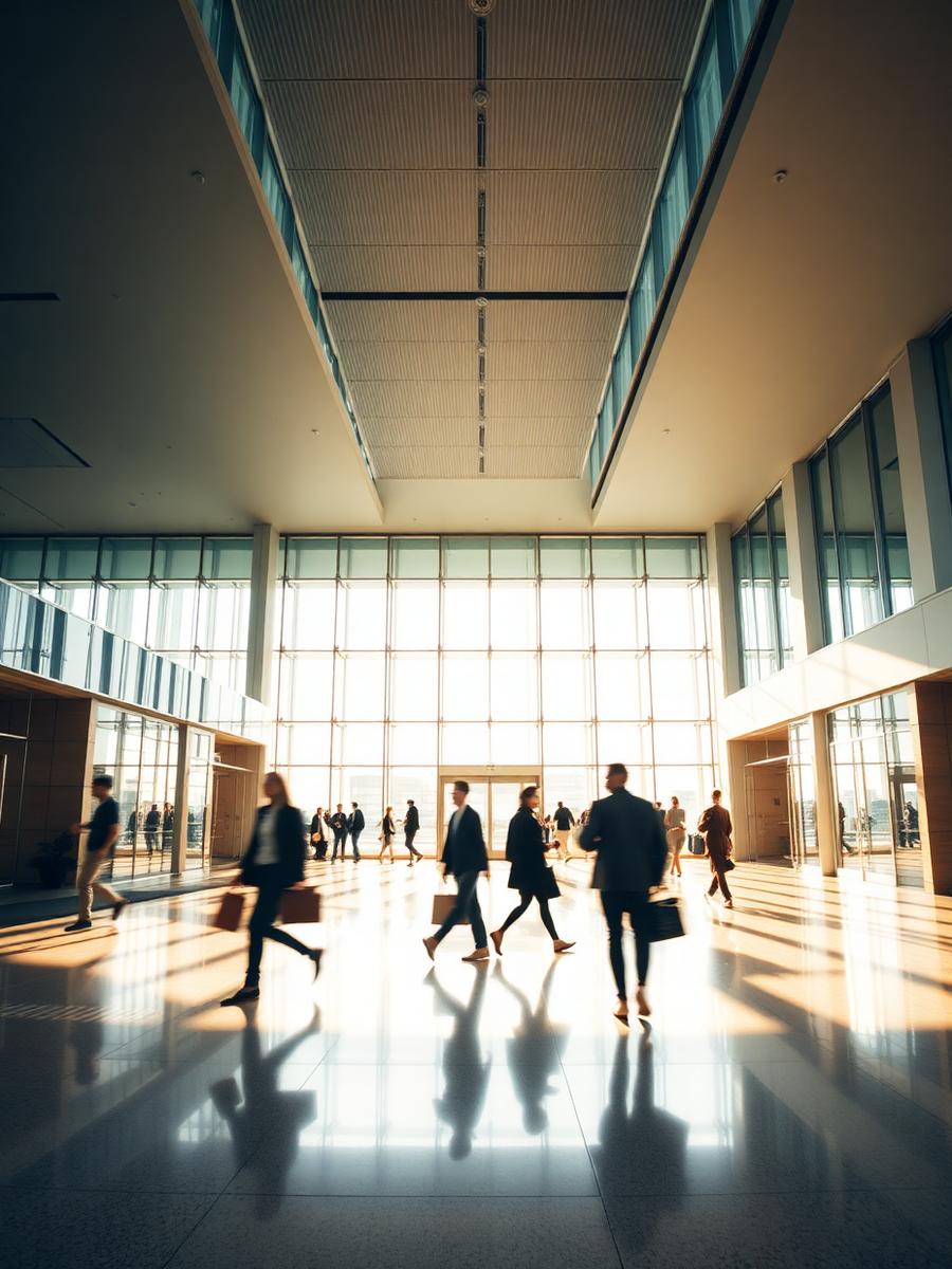 Employees crossing a corporate lobby in the morning