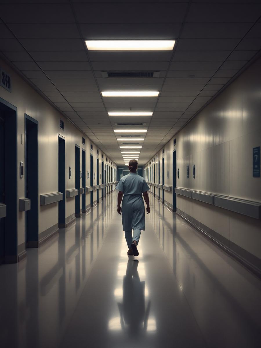 Nurse walking an empty hospital corridor at night