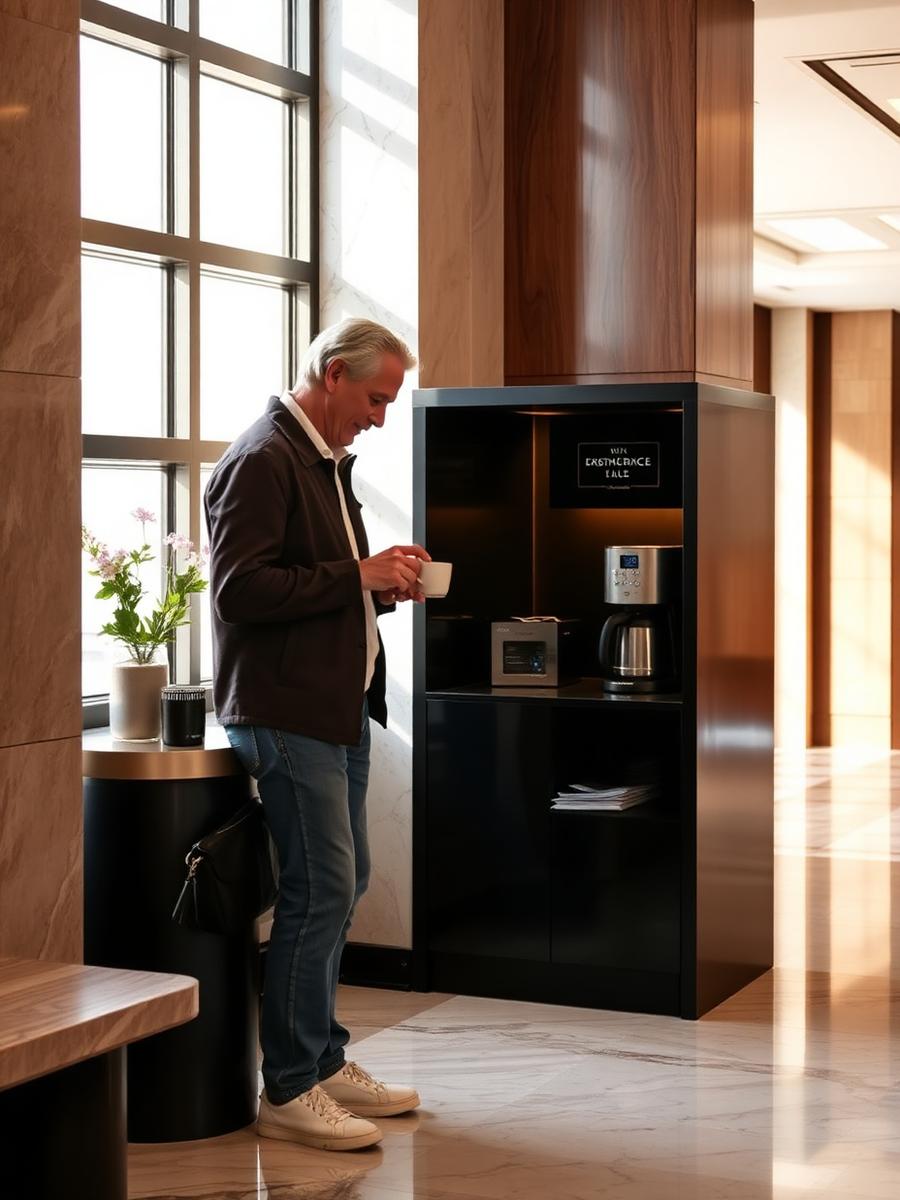 Resident collecting coffee in a residential lobby